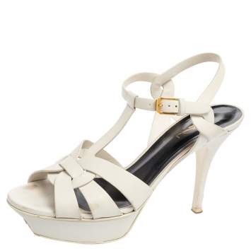 Pre Owned Saint Laurent White Leather Tribute Platform Sandals Size 38.5