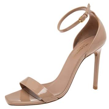 Pre Owned Saint Laurent Beige Patent Leather Ankle Strap Sandals Size 38