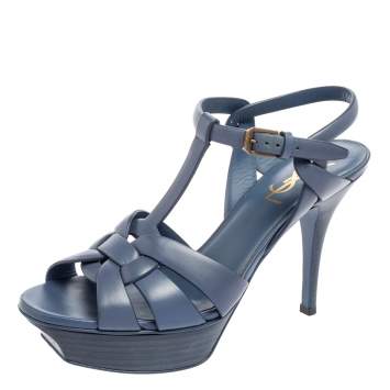 Pre Owned Saint Laurent Blue Leather Tribute Platform Sandals Size 37