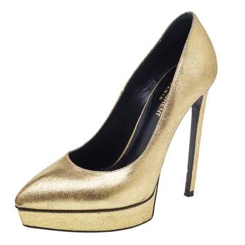 Pre Owned Saint Laurent Gold Glitter Leather Janis Pointed Toe Pumps Size 38.5
