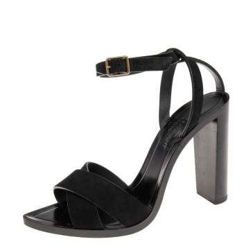 Pre Owned Saint Laurent Black Suede Crisscross Ankle Strap Sandals Size 36
