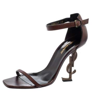 Pre Owned Saint Laurent Dark Brown Leather Opyum Ankle-Strap Sandals Size 39