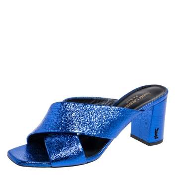 Pre Owned Saint Laurent Blue Leather LouLou Slide Sandals Size 39