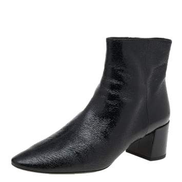 Pre Owned Saint Laurent Black Crinkled Leather Ankle Length Boots Size 38