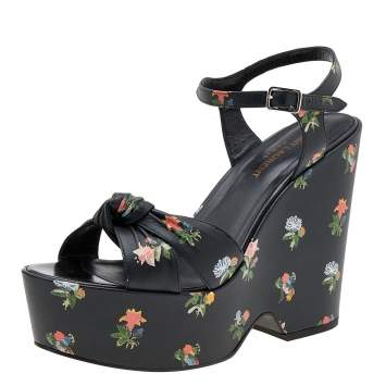 Pre Owned Saint Laurent Black Floral Leather Candy Ankle Strap Wedge Sandals Size 39.5