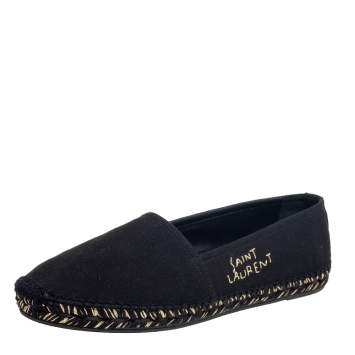 Pre Owned Saint Laurent Black Canvas Logo Embroidered Flat Espadrilles Size 39