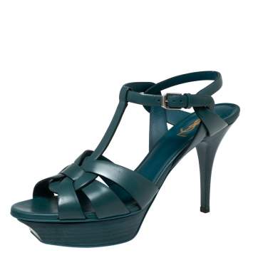 Pre Owned Saint Laurent Green Leather Tribute Platform Sandals Size 40.5
