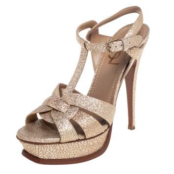 Pre Owned Saint Laurent Gold Textured Leather Tribute Platform Sandals Size 37