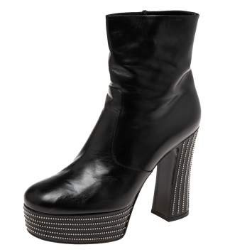 Pre Owned Saint Laurent Black Leather Embellished Ankle Length Boots Size 41