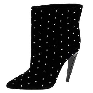 Pre Owned Saint Laurent Black Velvet Crystal Embellished Freja Pointed Toe Ankle Boots Size 37
