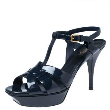 Pre Owned Saint Laurent Navy Blue Patent Leather Tribute Platform  Sandals Size 40