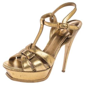 Pre Owned Saint Laurent Gold Textured Leather Tribute Platform Sandals Size 39