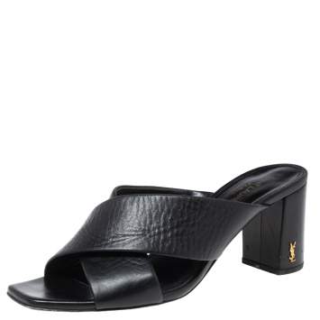 Pre Owned Saint Laurent Black Leather Loulou Criss Cross Mules Size 39.5