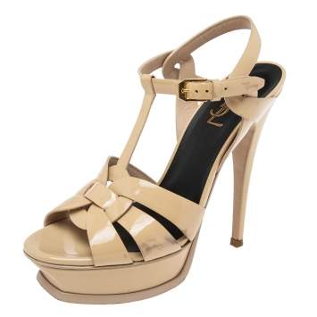 Pre Owned Saint Laurent Beige Patent Leather Tribute Platform Sandals Size 38