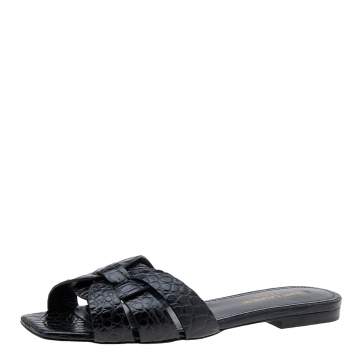 Pre Owned Saint Laurent Croc Embossed Leather Tribute Flats Size 35