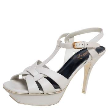 Pre Owned Saint Laurent  Off White Leather Tribute Platform Sandals Size 39