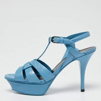 Pre Owned Saint Laurent Blue Croc-Embossed Leather Tribute Platform Sandals Size 36.5