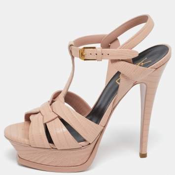 Pre Owned Saint Laurent Beige Croc Embossed Leather Tribute Platform Sandals Size 36