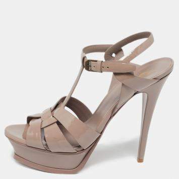 Pre Owned Saint Laurent Pinkish Beige Patent Leather Tribute Platform Sandals Size 40.5