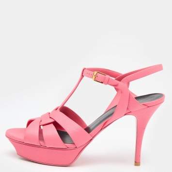 Pre Owned Saint Laurent Pink Leather Tribute Platform Ankle Strap Sandals Size 40