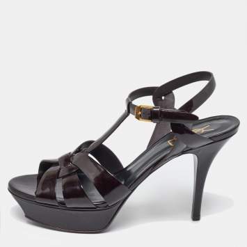 Pre Owned Saint Laurent Burgundy Patent Leather Tribute Platform Sandals Size 39