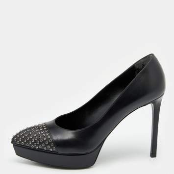 Pre Owned Saint Laurent Black Leather Janis Studded Pointed Toe Pumps Size 38