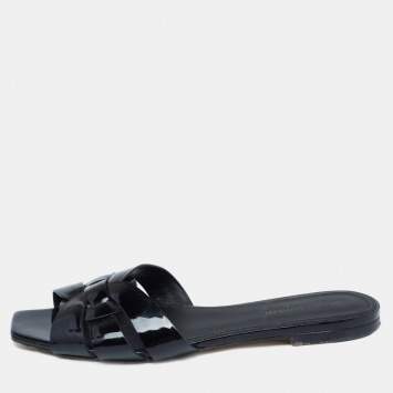 Pre Owned Saint Laurent Paris Black Patent Leather Tribute Flat Sandals Size 39