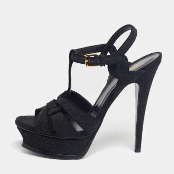 Pre Owned Saint Laurent Black Suede And Glitter  Tribute Platform Sandals Size 37.5