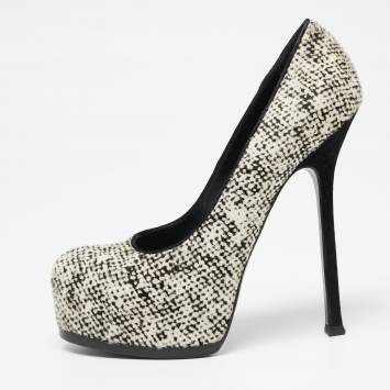Saint Laurent  Cream/Black Calf Hair Tribtoo Platform Pumps Size 38.5