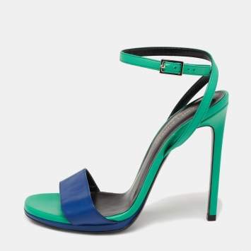 Pre Owned Saint Laurent Green/Blue Leather Jane Ankle Strap Sandals Size 37.5