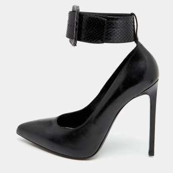 Pre Owned Saint Laurent Black Python And Leather Ankle Cuff Pointed Toe Pumps Size 39.5