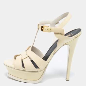 Pre Owned Saint Laurent Cream Patent Leather Tribute Sandals Size 36