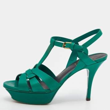 Pre Owned Saint Laurent Green Leather Tribute Platform Sandals Size 37.5