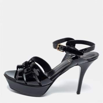 Pre Owned Saint Laurent Black Patent Leather Tribute Platform Sandals Size 37