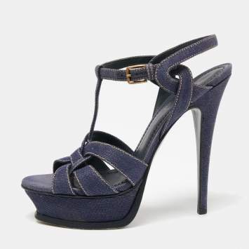 Pre Owned Saint Laurent Dark Blue Denim Tribute Platform Sandals Size 37