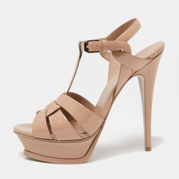 Pre Owned Saint Laurent Dusty Pink Patent Leather Tribute Sandals Size 38.5 