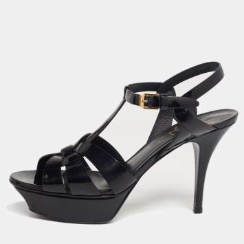 Pre Owned Saint Laurent Black Patent Leather Tribute Platform Sandals Size 38.5