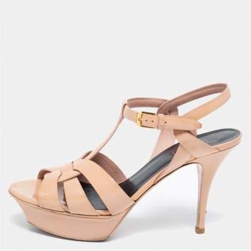 Pre Owned Saint Laurent Beige Patent Leather Tribute Platform Sandals Size 38.5