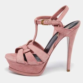 Pre Owned Saint Laurent Pink Suede Tribute Ankle Strap Platform Sandals Size 36.5