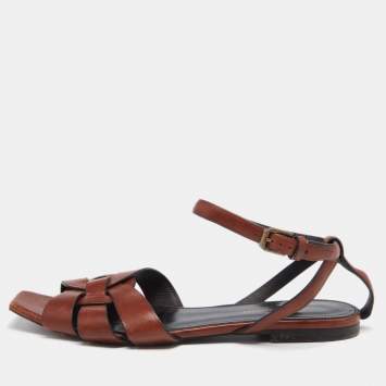 Pre Owned Saint Laurent Brown Leather Tribute Ankle Strap  Flat Sandals Size 37.5