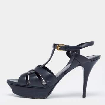 Pre Owned Saint Laurent Navy Blue Leather Tribute Platform Sandals Size 40
