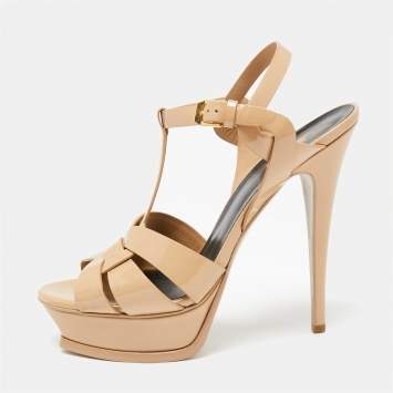 Pre Owned Saint Laurent Beige Patent Leather Tribute Sandals Size 39