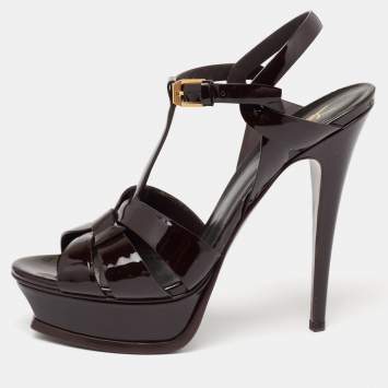 Pre Owned Saint Laurent Dark Plum Patent Leather Tribute Platform Sandals Size 39