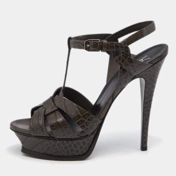 Pre Owned Saint Laurent Dark Olive Green Croc Embossed Leather Tribute Sandals Size 39