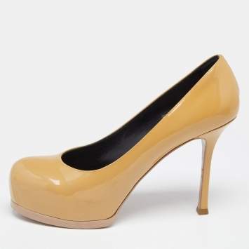 Pre Owned Saint Laurent Beige Patent Leather Tribtoo Platform Pumps Size 37.5