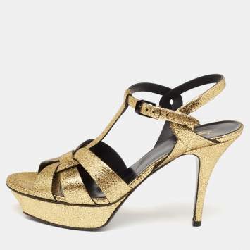 Pre Owned Saint Laurent Gold Glitter Tribute Sandals Size 40