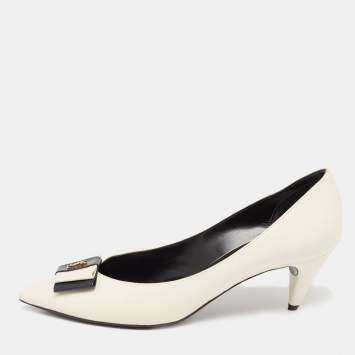 Pre Owned Saint Laurent Off-White Leather Anais Bow Pumps Size 40.5