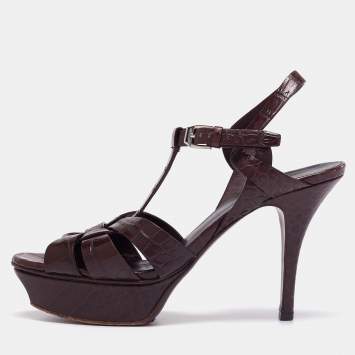 Pre Owned Saint Laurent Burgundy Croc Embossed Leather Tribute Platform Sandals Size 37