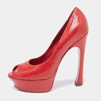 Saint Laurent Red Snakeskin Palais Platform Peep Toe Pumps Size 38