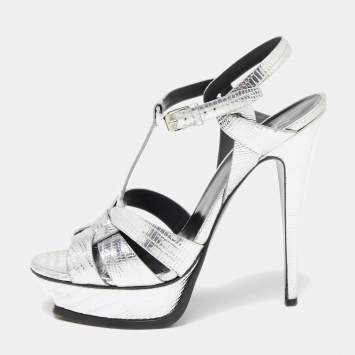 Pre Owned Saint Laurent Silver Lizard Embossed Leather Tribute Platform Sandals Size 40